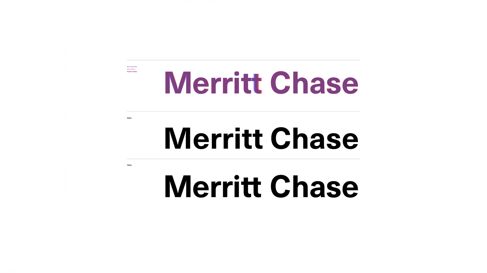 An image with a white background and three different versions of a wordmark. Wordmark says Merritt Chase. Made in Adobe Illustrator